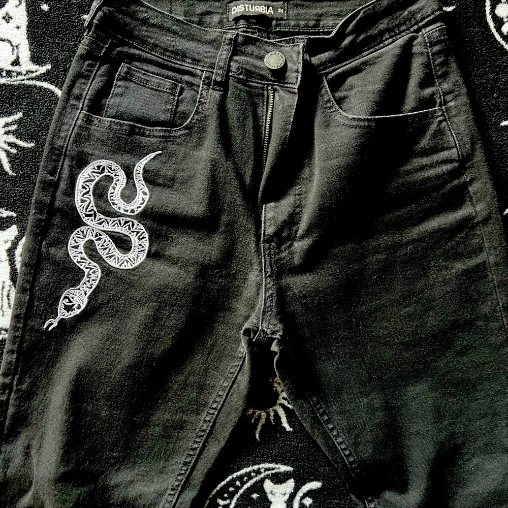 DISTURBIA embroidered snake skinny jeans